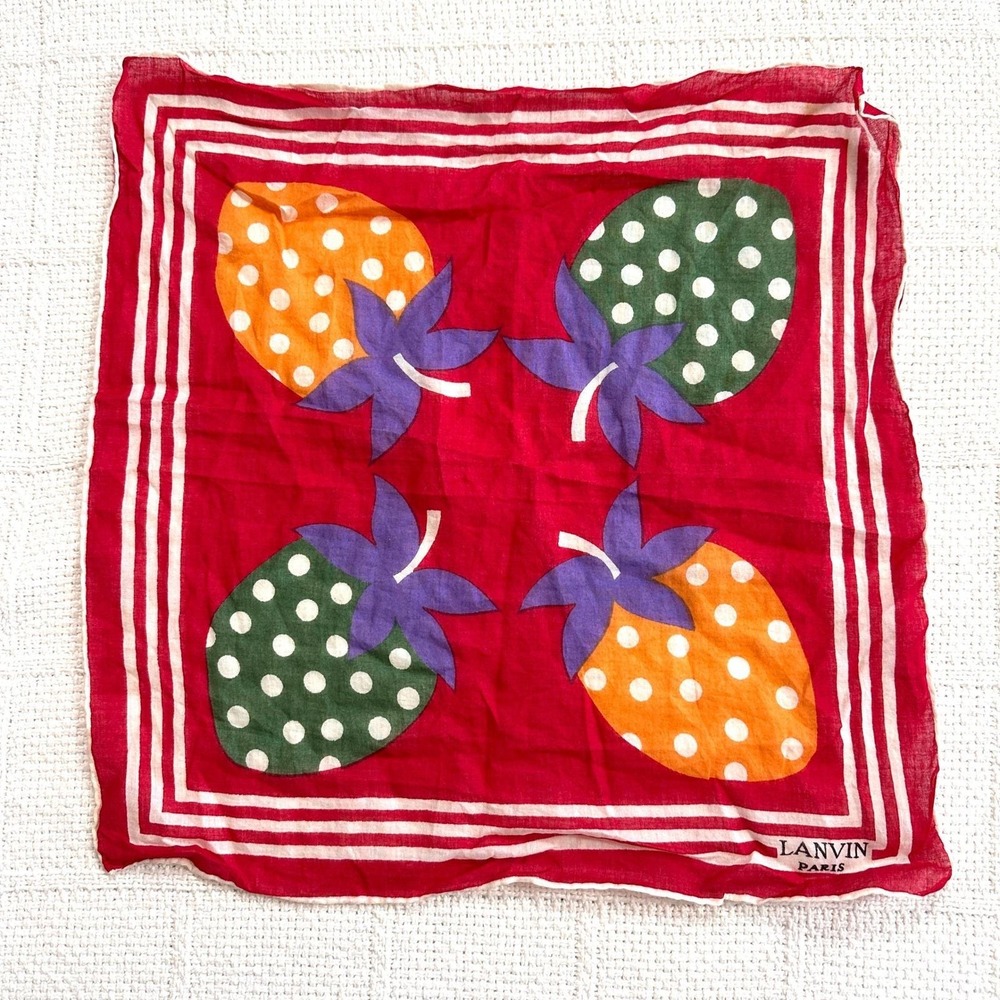 VTG Lanvin Paris Strawberry Pocket Square 13x13 Polka Dot Neck Scarf Red Fruit